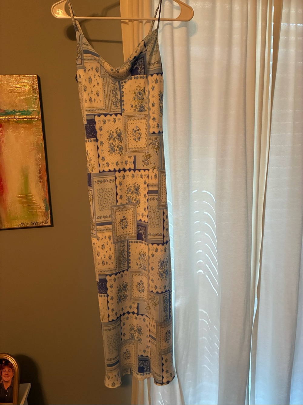 Altar'd State Blue and White Patchwork Curtain Panel